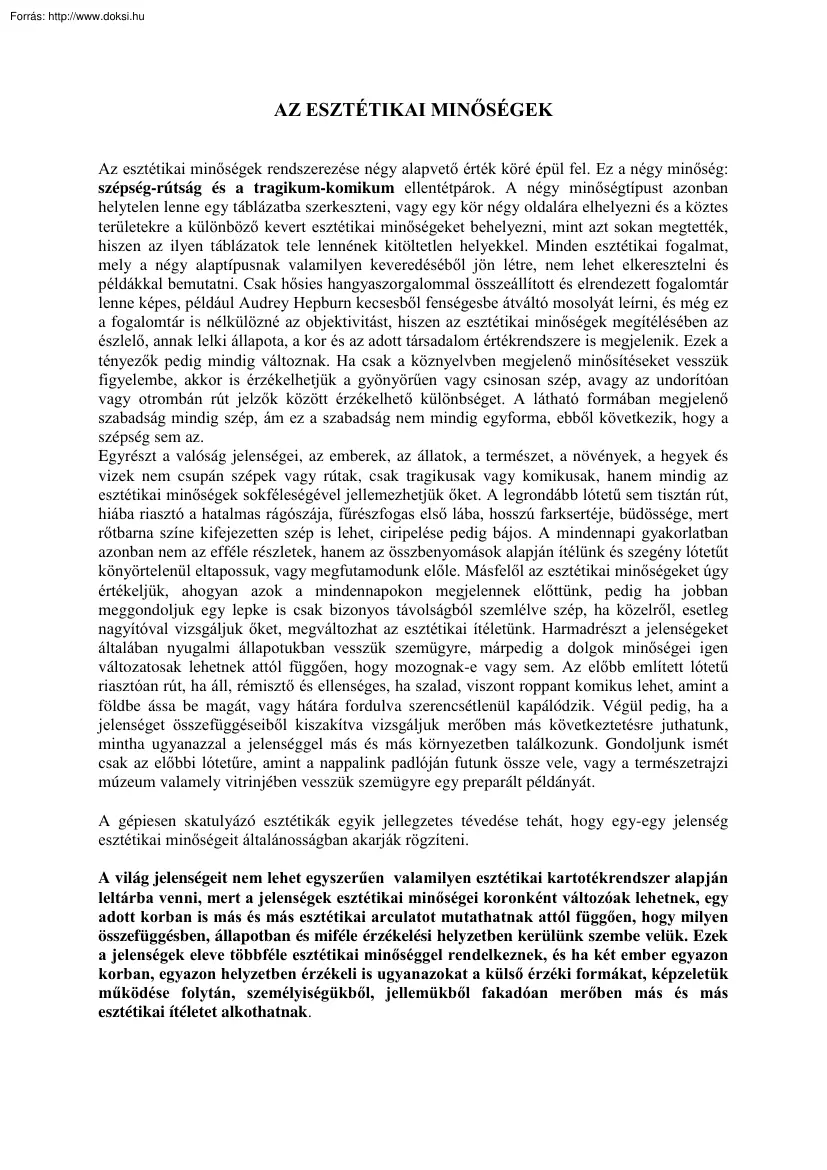 Az esztétikai minőségek