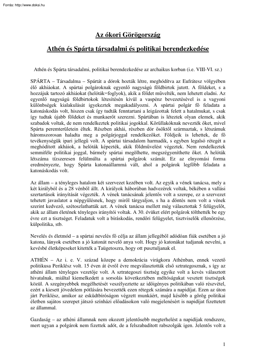 Az ókori Görögország - Athén és Spárta társadalmi és politikai berendezkedése