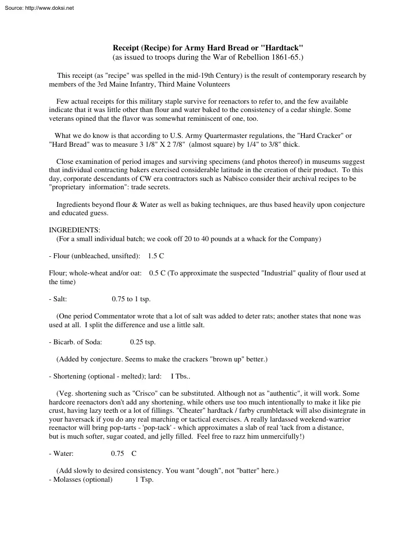 Receipt for Army Hard Bread or Hardtack