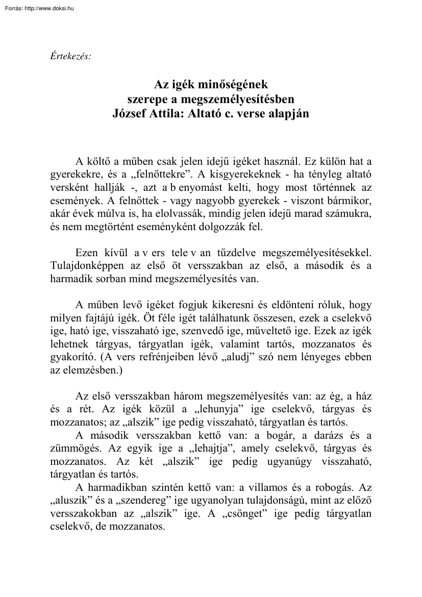 Szakácsi János - Az igék minőségének szerepe a megszemélyesítésben József Attila Altató
