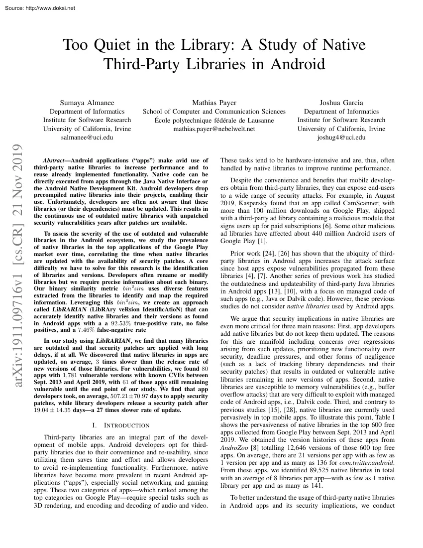 Almanee-Payer-Garcia - Too Quiet in the Library, A Study of Native Third-Party Libraries in Android