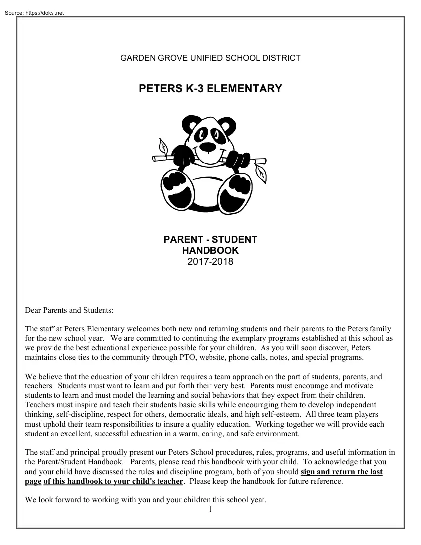 Garden Grove Unified School District, Peter K-3 Elementary, Parent Student Handbook