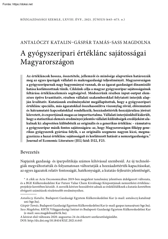 A gyógyszeripari értéklánc sajátosságai Magyarországon