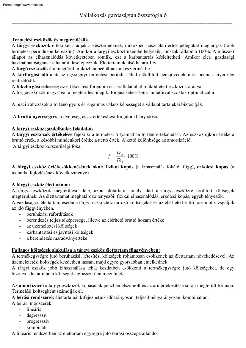 Fábián Zoltán - Vállalatgazdaságtan II. összefoglaló