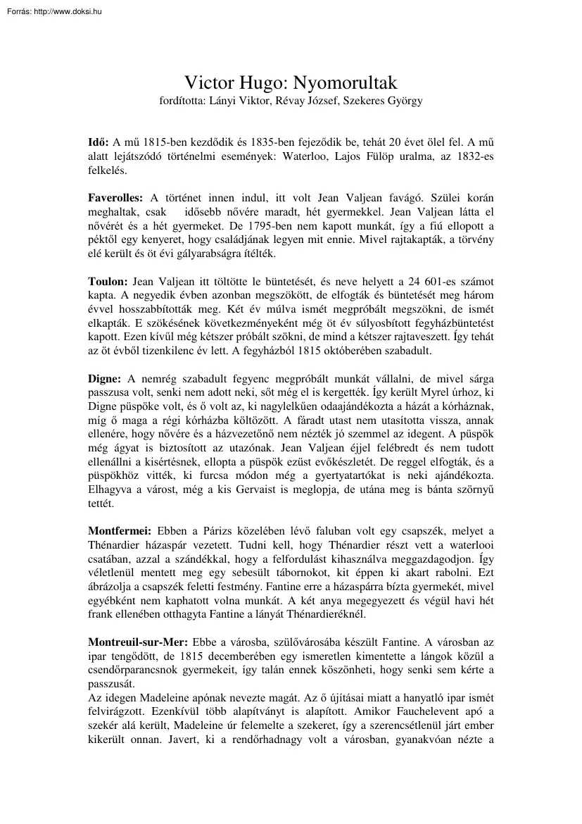 Victor Hugo - Nyomorultak olvasónapló
