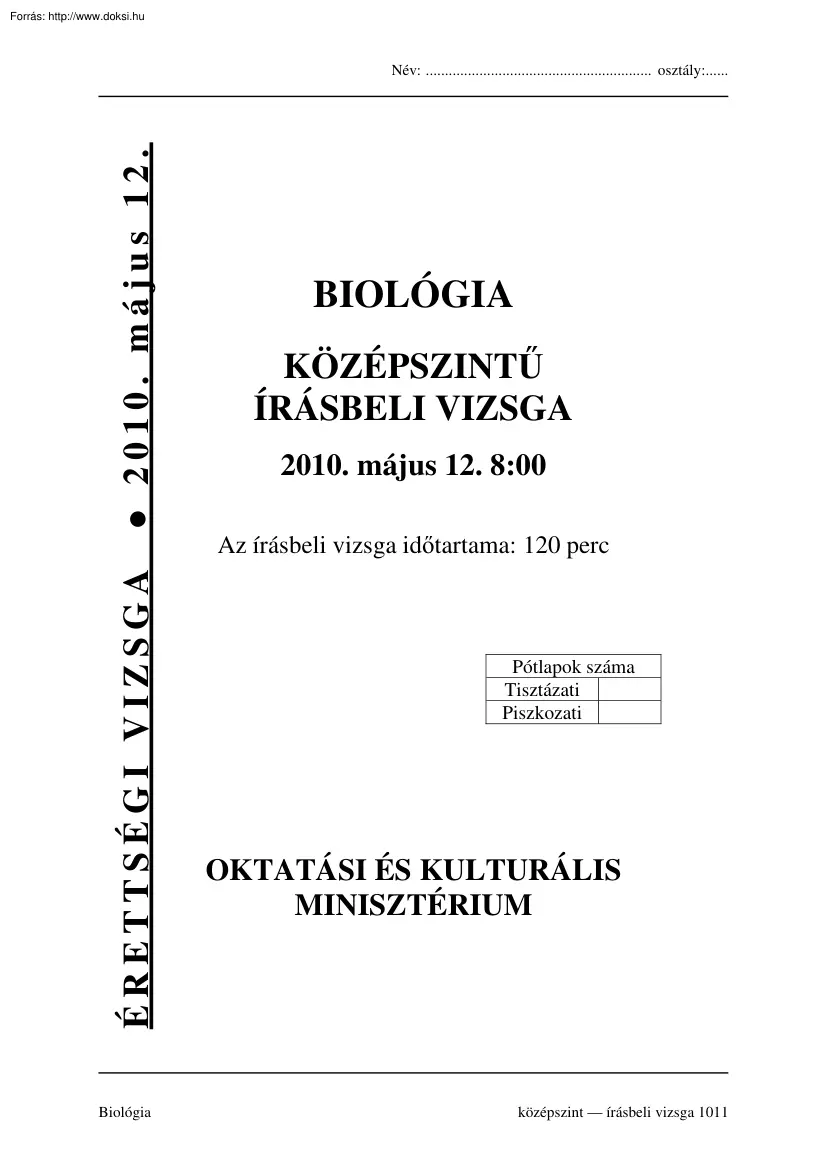 Biológia középszintű írásbeli érettségi vizsga, megoldással, 2010