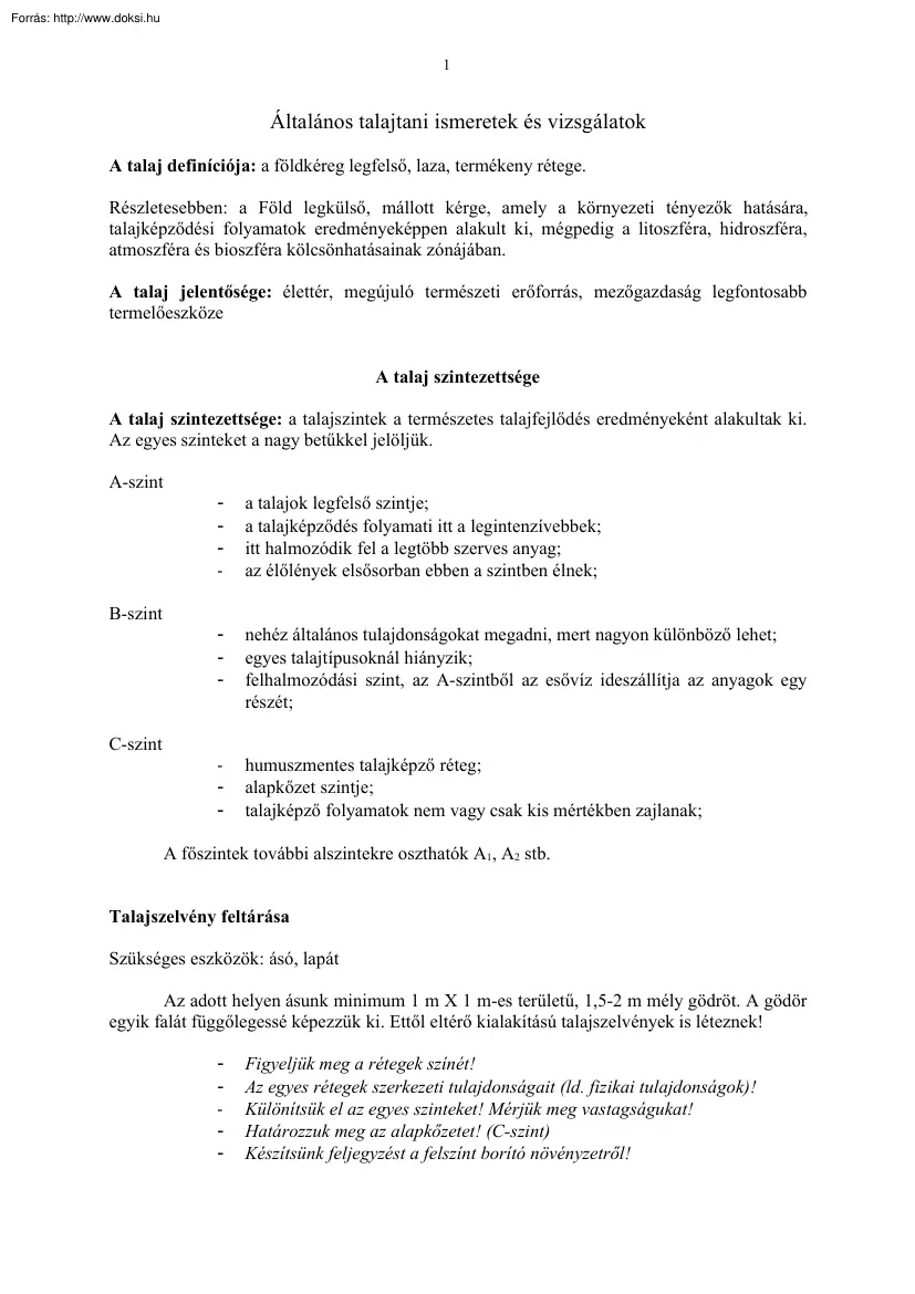 Általános talajtani ismeretek és vizsgálatok