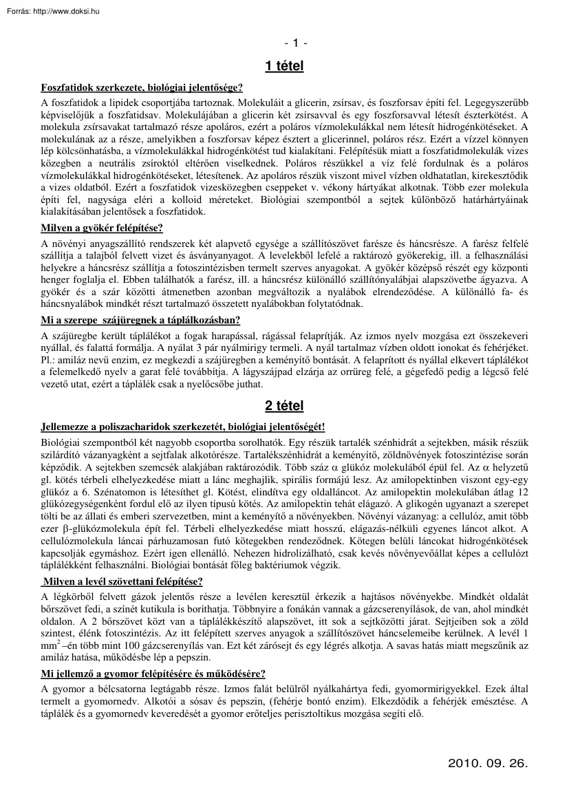 Biológia tételek, 11. osztály