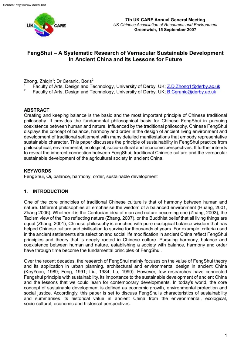 Zhong-Ceranic - FengShui, A Systematic Research of Vernacular Sustainable Development in Ancient