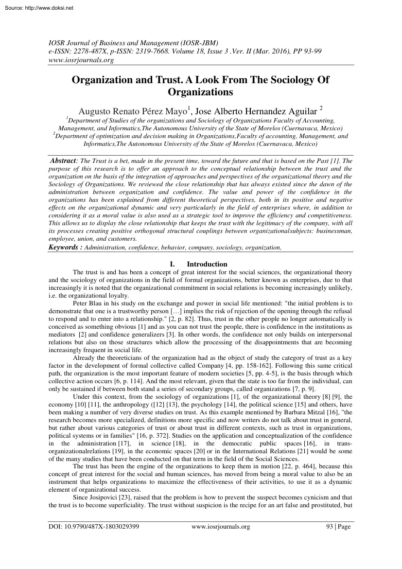 Mayo-Aguilar - Organization and Trust, A Look From The Sociology Of Organizations