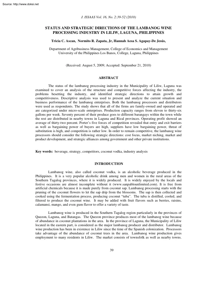 Ascan-Zapata-Aesa - Status and Strategic Directions of the Lambanog Wine Processing Industry in