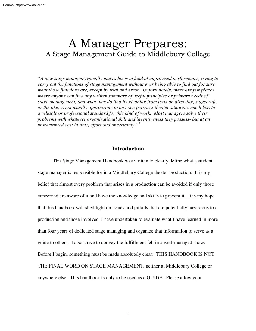 A Manager Prepares, A Stage Management Guide to Middlebury College