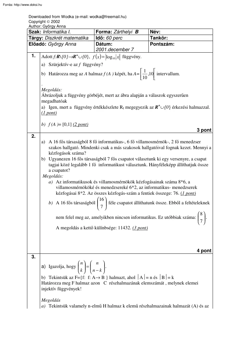 Diszkrét matematika feladatsorok, 2003
