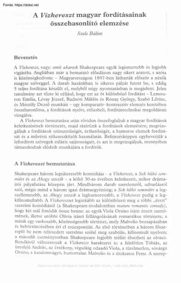 Szele Bálint - A Vízkereszt magyar fordításának összehasonlító elemzése
