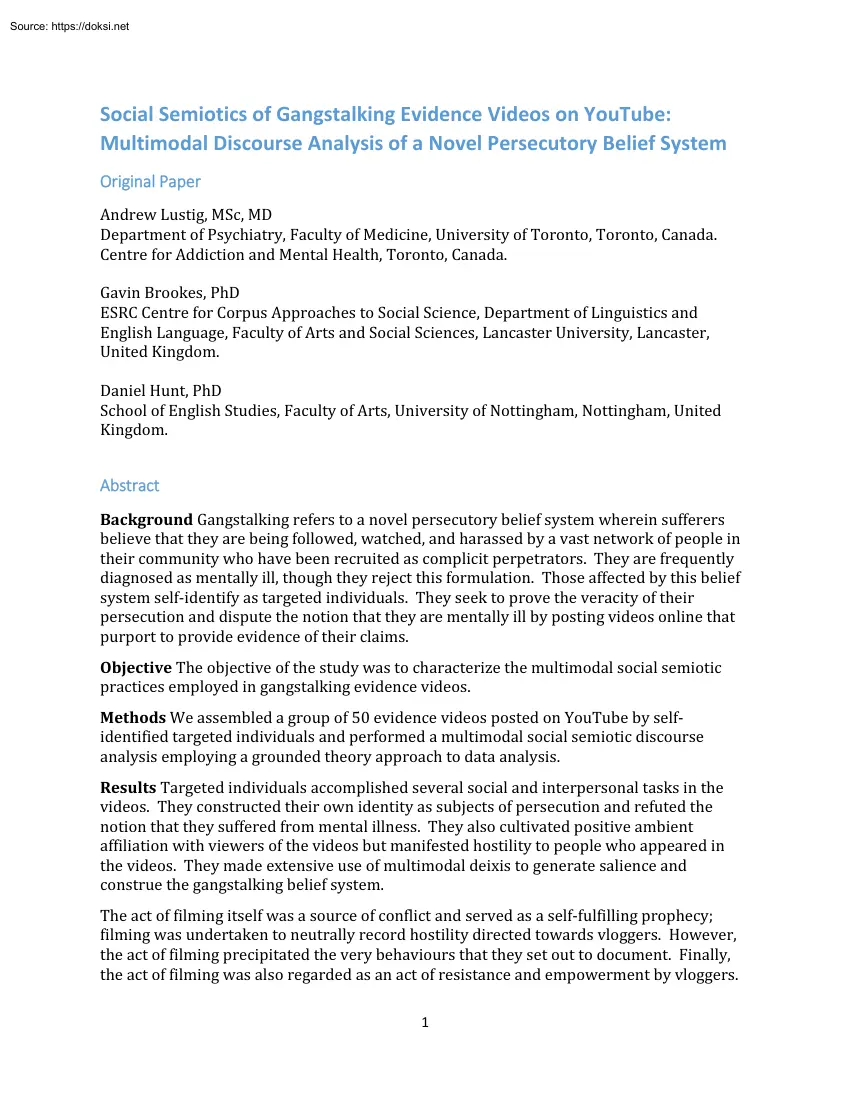 Social Semiotics of Gangstalking Evidence Videos on YouTube, Multimodal Discourse Analysis of a