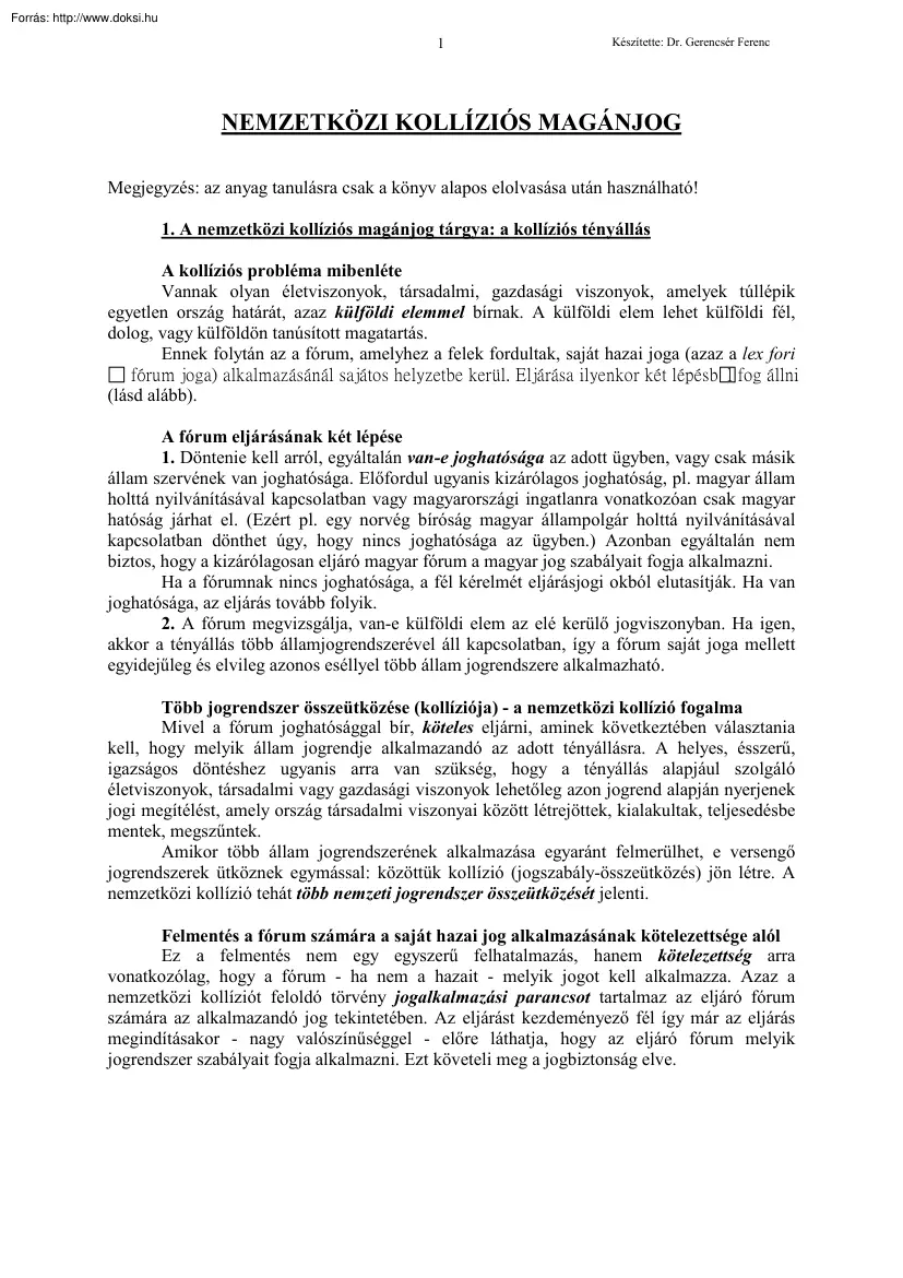 Dr. Gerencsér Ferenc - Nemzetközi kollíziós magánjog