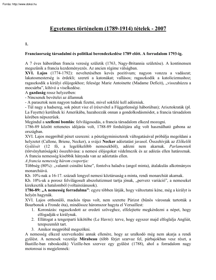 Egyetemes történelem (1789-1914) tételek, 2007