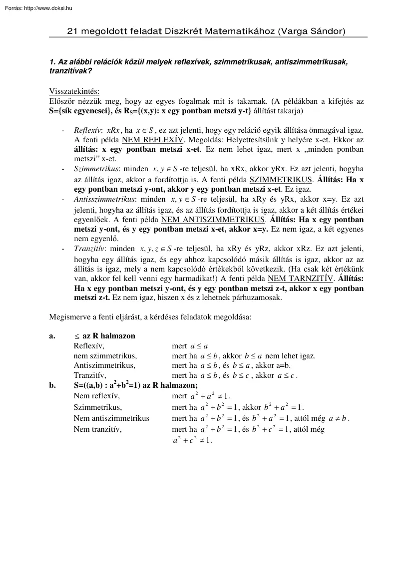 Varga Sándor - 21 megoldott diszkrét matematika feladat