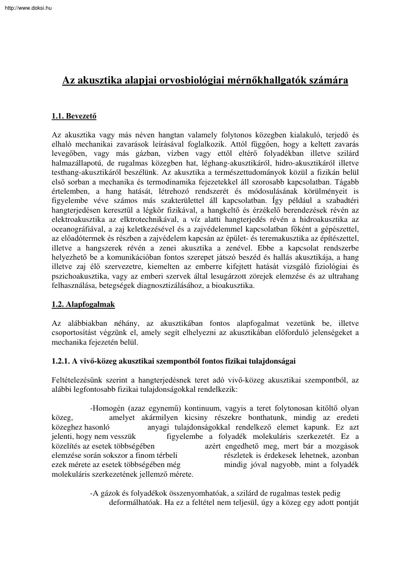 Az akusztika alapjai orvosbiológiai mérnökhallgatók számára