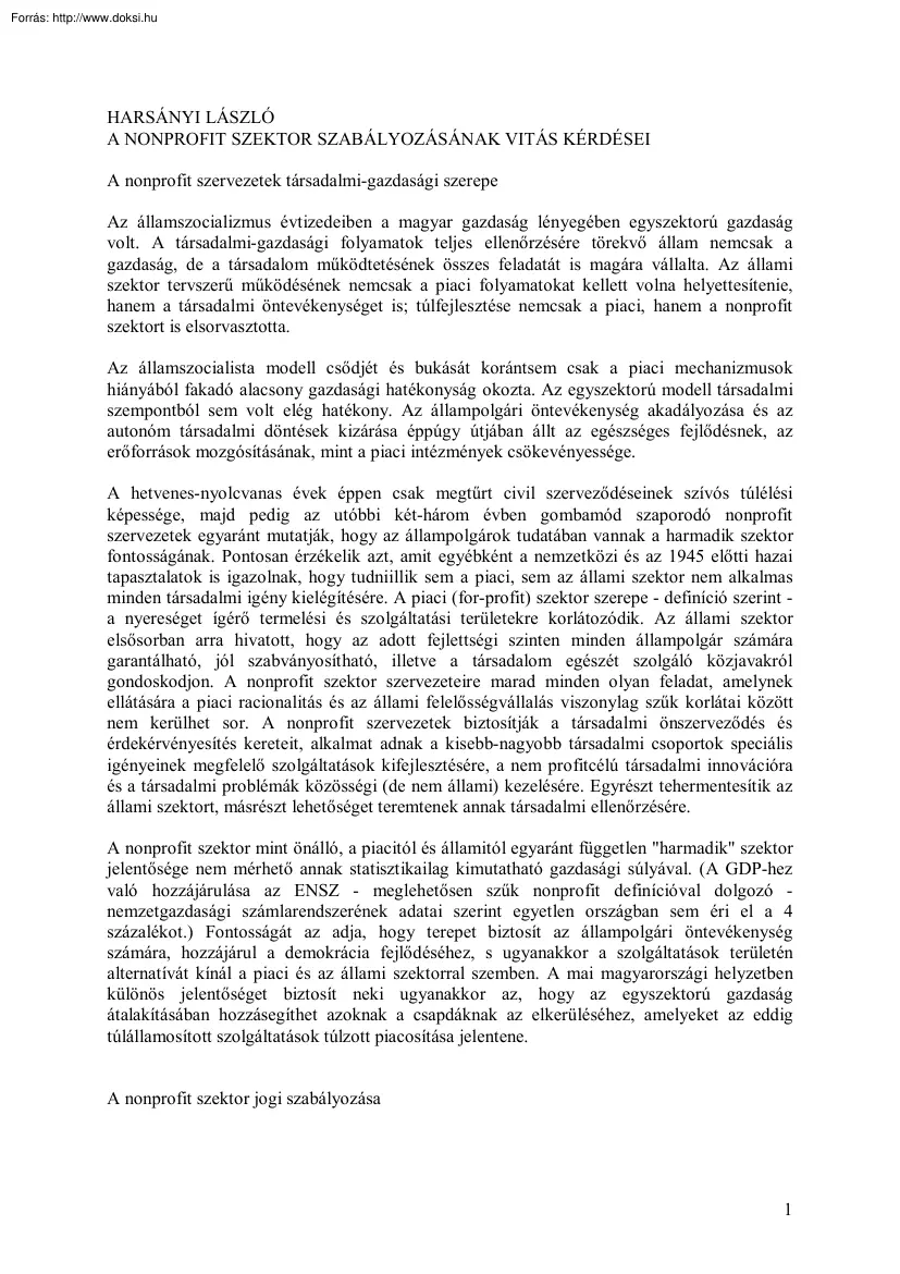 Harsányi László - A nonprofit szektor szabályozásának vitás kérdései