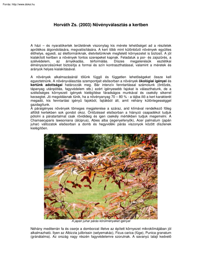 Horváth Zs. - Növényválasztás a kertben