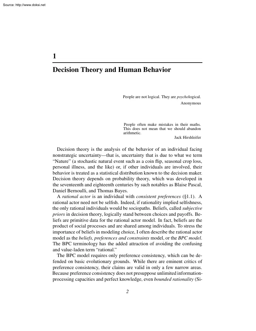 About Decision Theory and Human Behavior