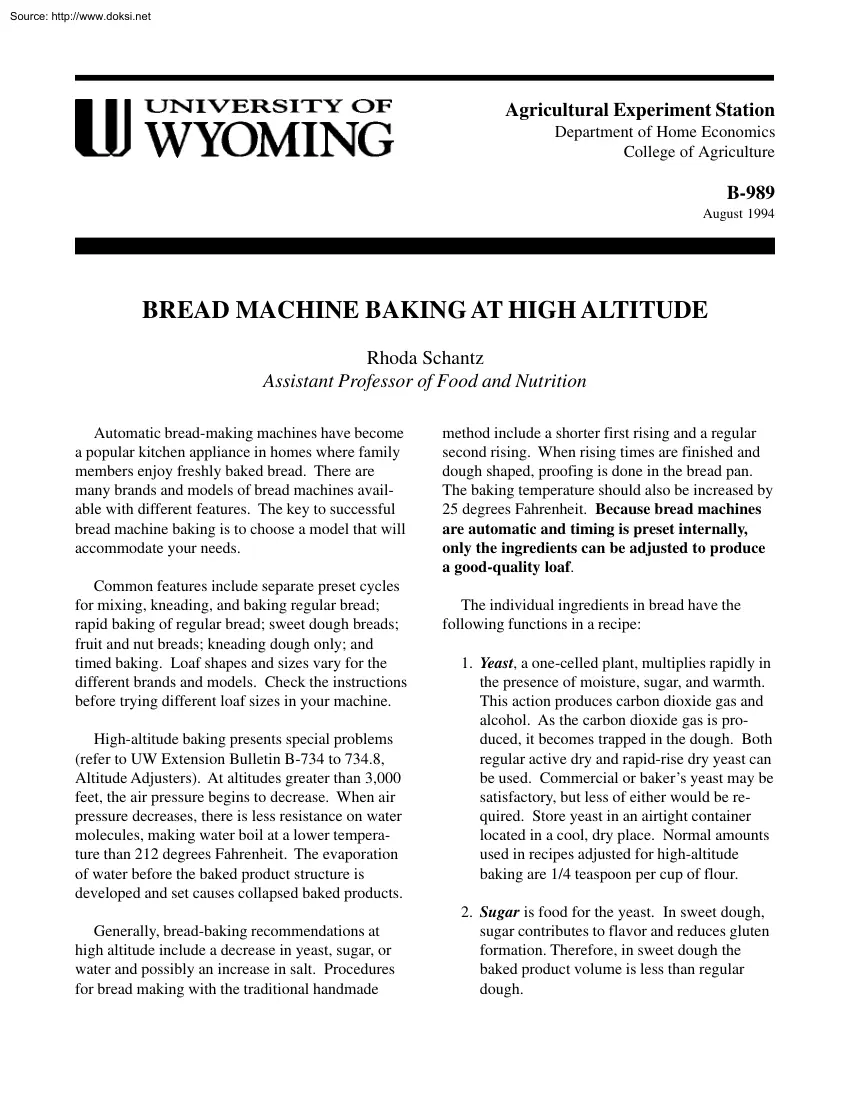 Rhoda Schantz - US Product Ingredient Guide, Bread Machine Baking at High Altitude