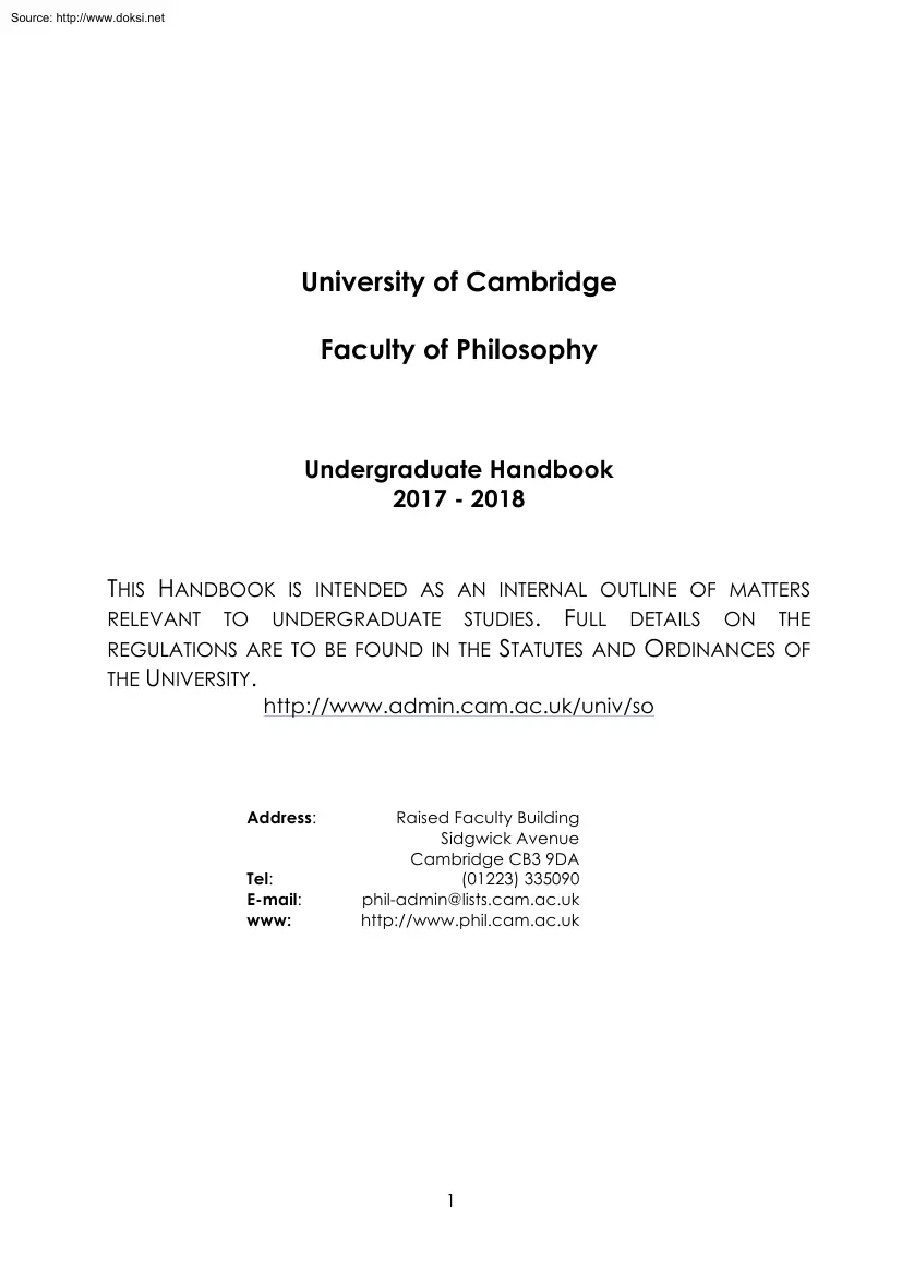 Faculty of Philosophy, Undergraduate Handbook 2018