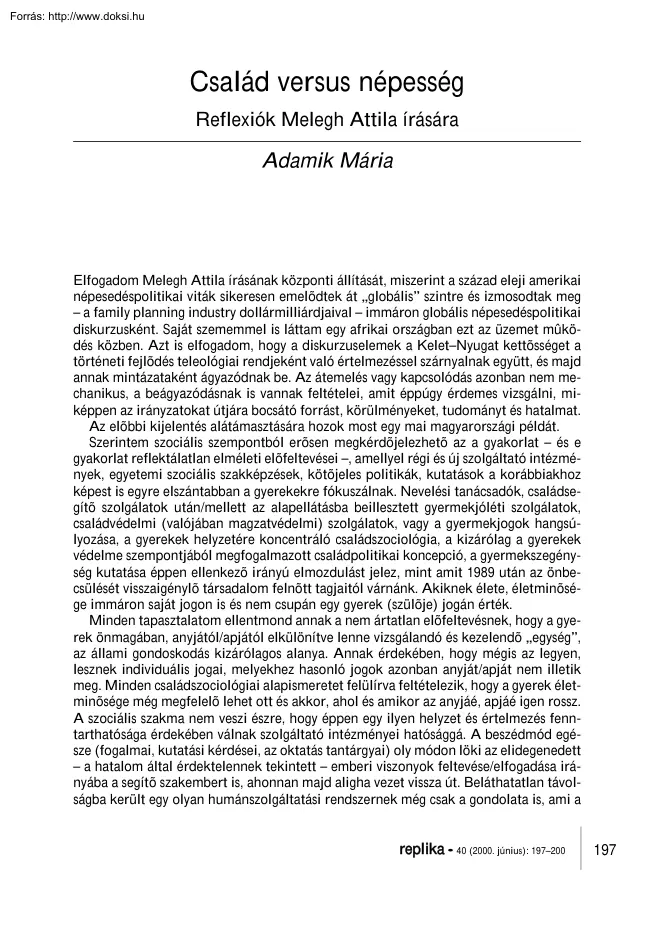 Adamik Mária - Család versus népesség