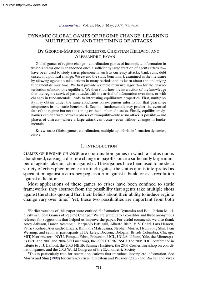 Angeletos-Hellwig-Pavan - Dynamic Global Games of Regime Change, Learning Multiplicity, and the
