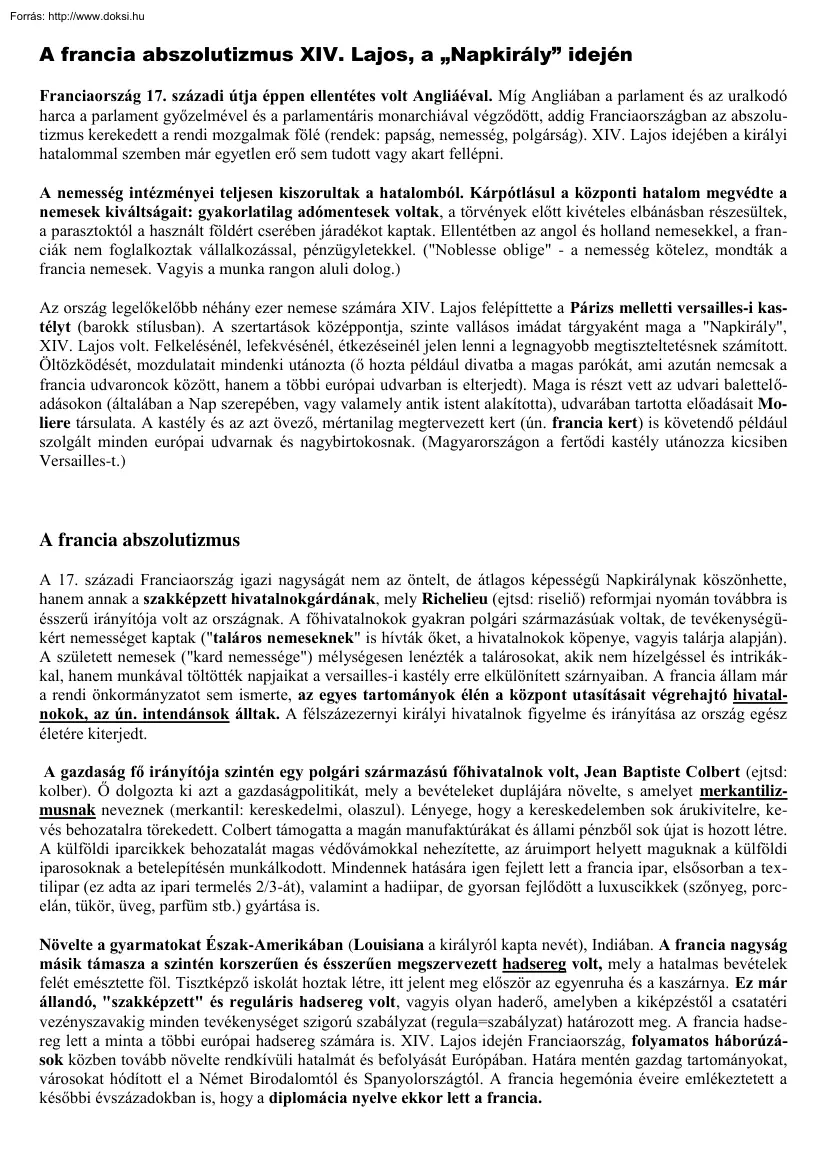 A francia abszolutizmus XIV. Lajos, a Napkirály idején