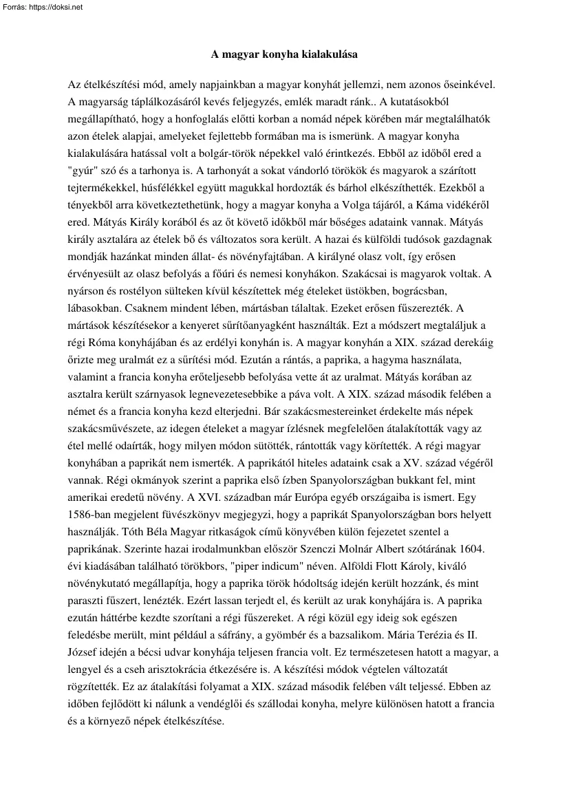 A magyar konyha kialakulása