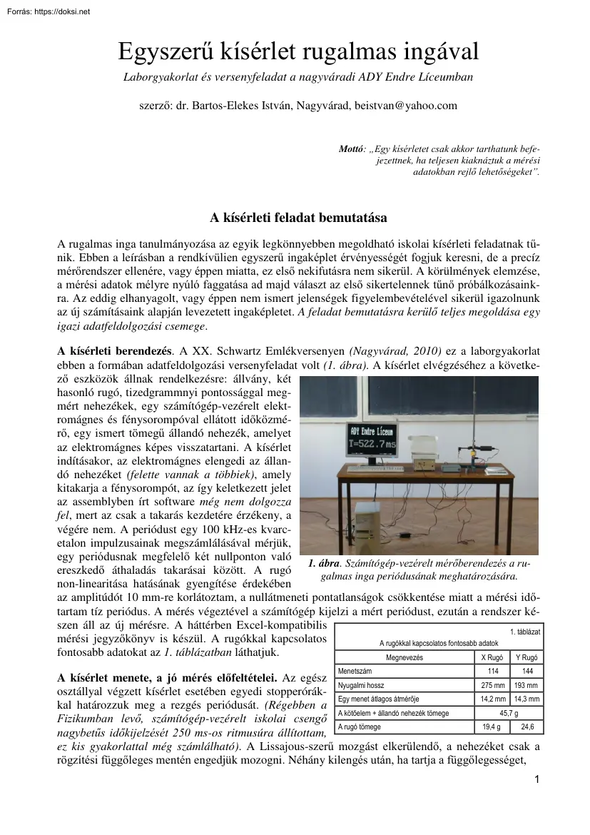 dr. Bartos-Elekes István - Egyszerű kísérlet rugalmas ingával, Laborgyakorlat és
