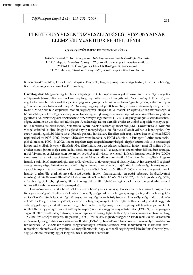 Cseresnyés-Csontos - Feketefenyvesek tűzveszélyességi viszonyainak elemzése McArthur