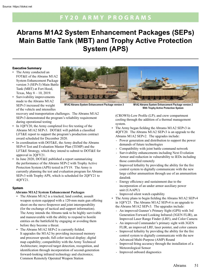 Abrams M1A2 System Enhancement Packages SEPs Main Battle Tank MBT and Trophy Active Protection