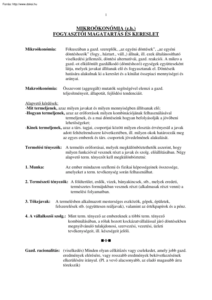 Mikroökonómia összefoglaló