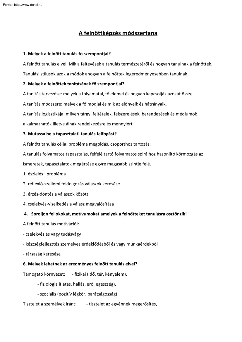 A felnőttképzés módszertana