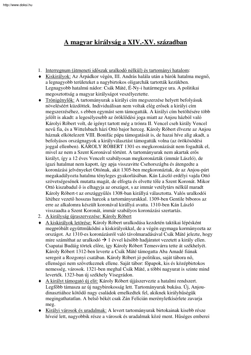 A magyar királyság a XIV. és XV. században, vázlatosan