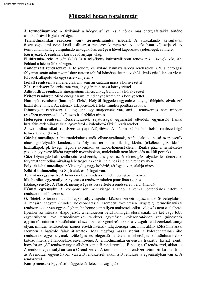 Műszaki hőtan fogalomtár