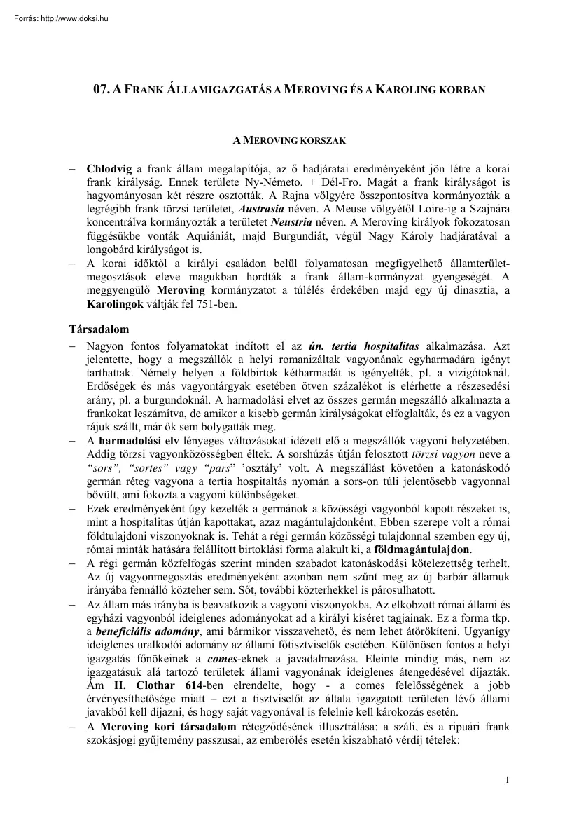 A Frank Államigazgatás a Meroving és a Karoling korban