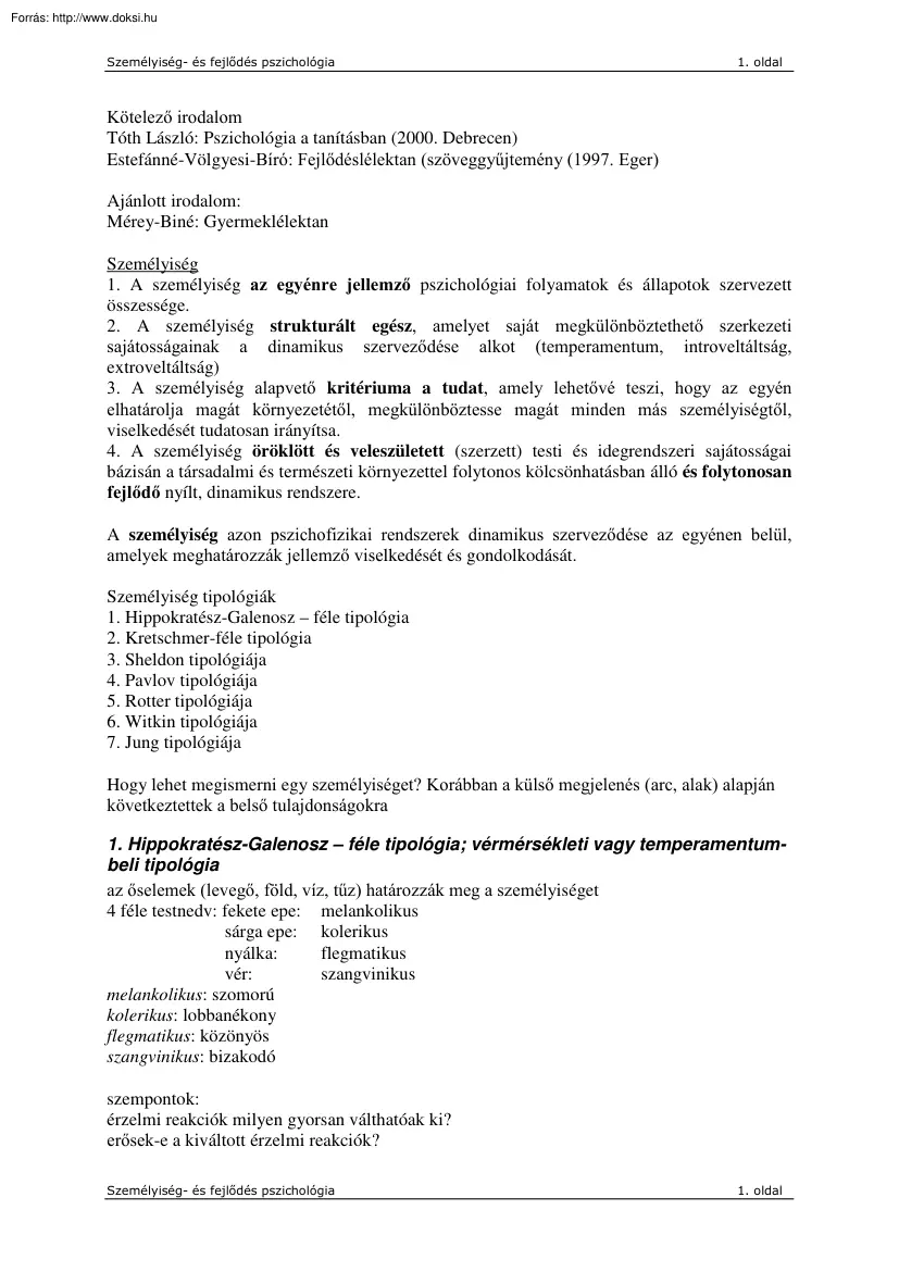 Személyiség- és fejlődéspszichológia