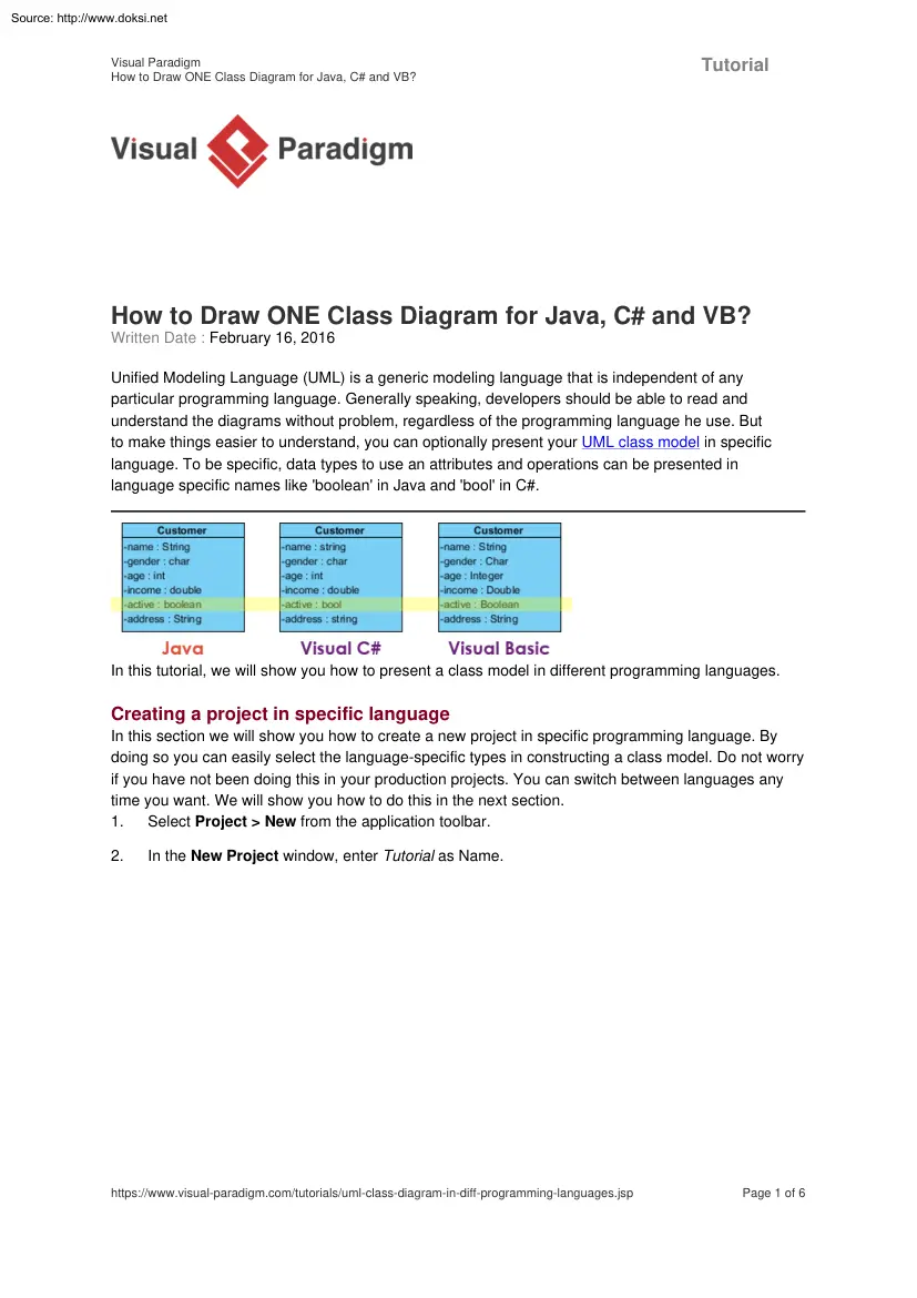 How to Draw ONE Class Diagram for Java, C and VB