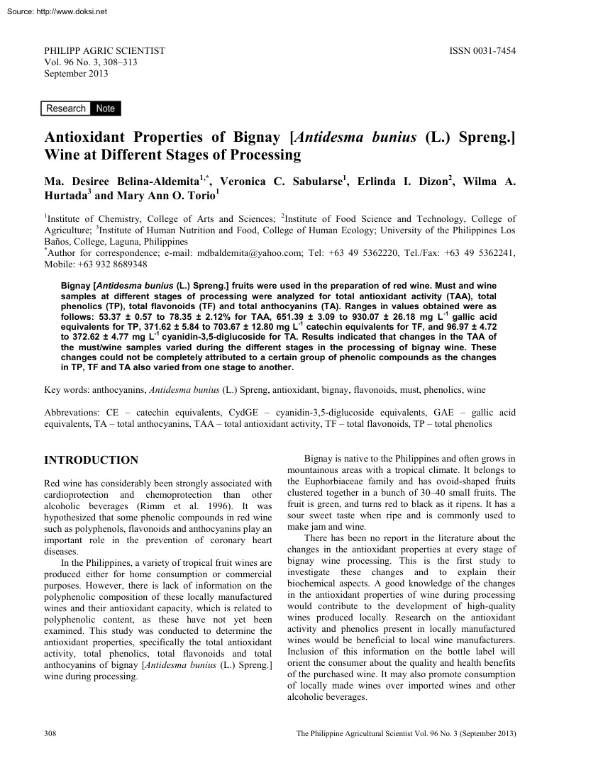 Belina-Sabularse-Dizon - Antioxidant Properties of Bignay Wine at Different Stages of Processing