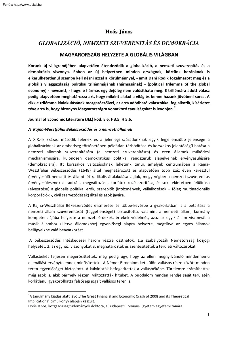 Hoós János - Magyarország helyzete a globális világban