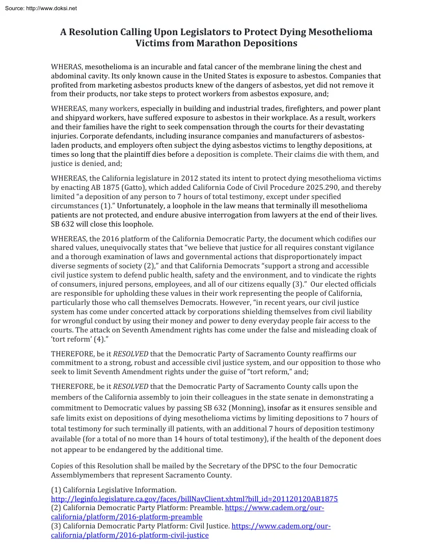 A Resolution Calling Upon Legislators to Protect Dying Mesothelioma Victims from Marathon