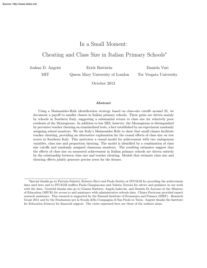 Angrist-Battistin-Vuri - In a Small Moment, Cheating and Class Size in Italian Primary Schools