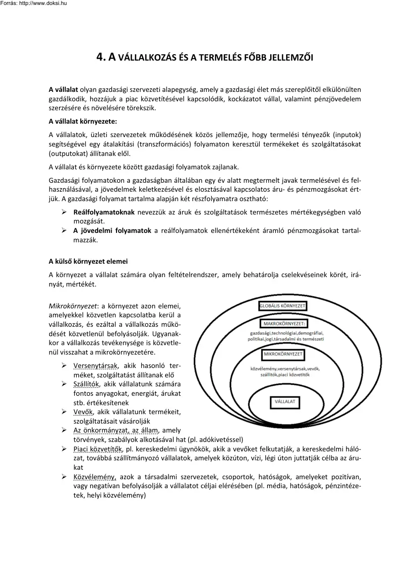 A vállalkozás és a termelés föbb jellemzői