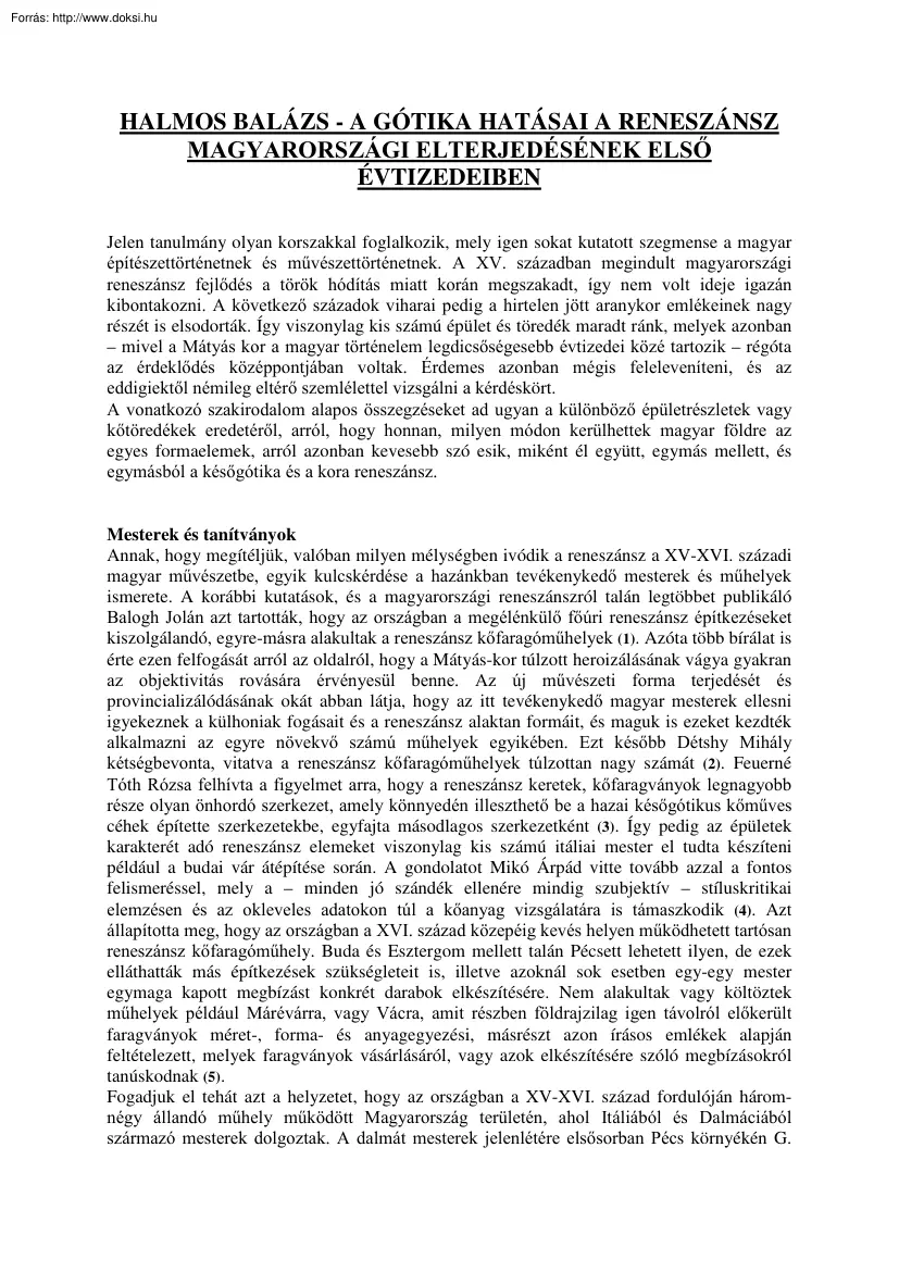 Halmos Balázs - A gótika hatásai a reneszánsz magyarországi elterjedésének első