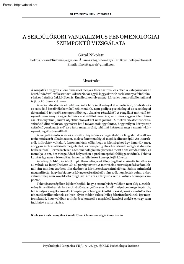 Garai Nikolett - A serdülőkori vandalizmus fenomenológiai szempontú vizsgálata