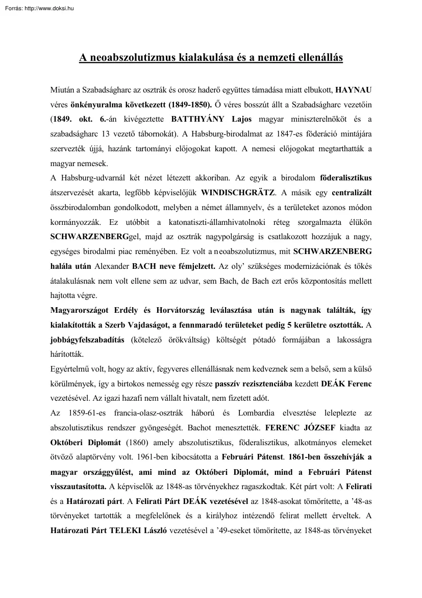 A neoabszolutizmus kialakulása és a nemzeti ellenállás